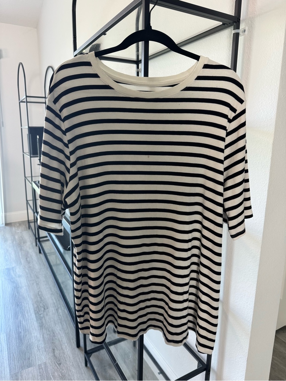 Nine West Black and White Striped Short Sleeve Crewneck Top